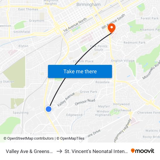 Valley Ave & Greensprings Hwy to St. Vincent's Neonatal Intensive Care Unit map