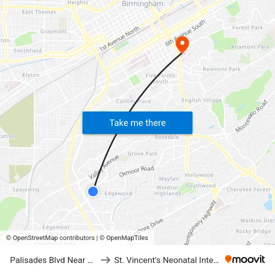 Palisades Blvd Near Speedy Cash to St. Vincent's Neonatal Intensive Care Unit map