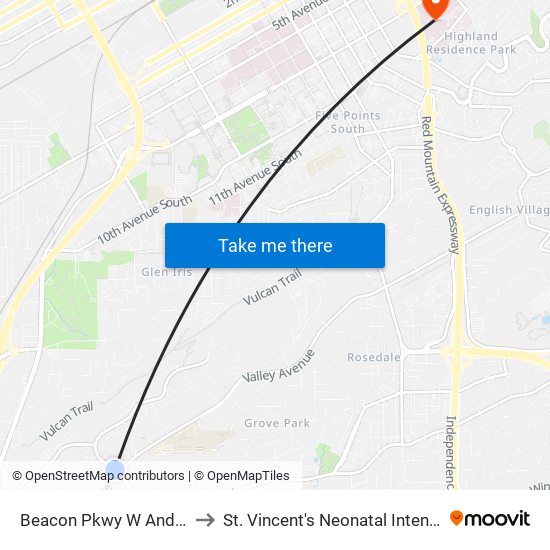 Beacon Pkwy W And Valley Ave to St. Vincent's Neonatal Intensive Care Unit map