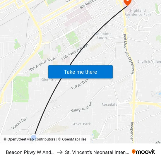 Beacon Pkwy W And Valley Ave to St. Vincent's Neonatal Intensive Care Unit map
