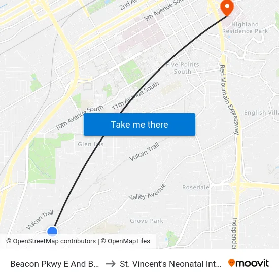 Beacon Pkwy E And Beacon Pkwy W to St. Vincent's Neonatal Intensive Care Unit map