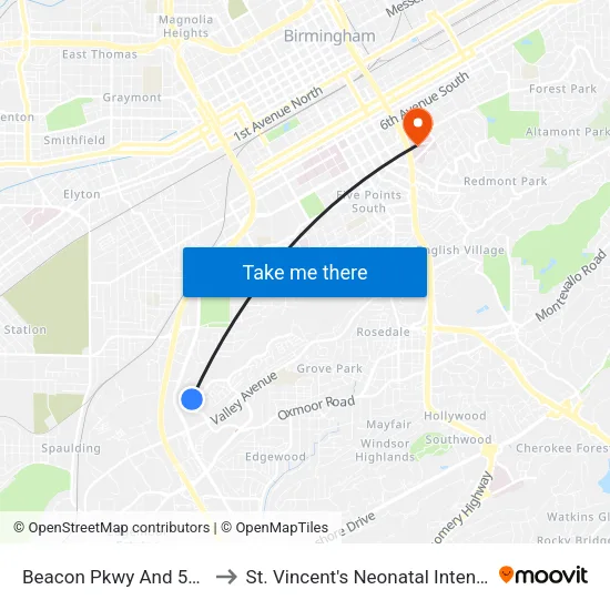 Beacon Pkwy And 500 Address to St. Vincent's Neonatal Intensive Care Unit map