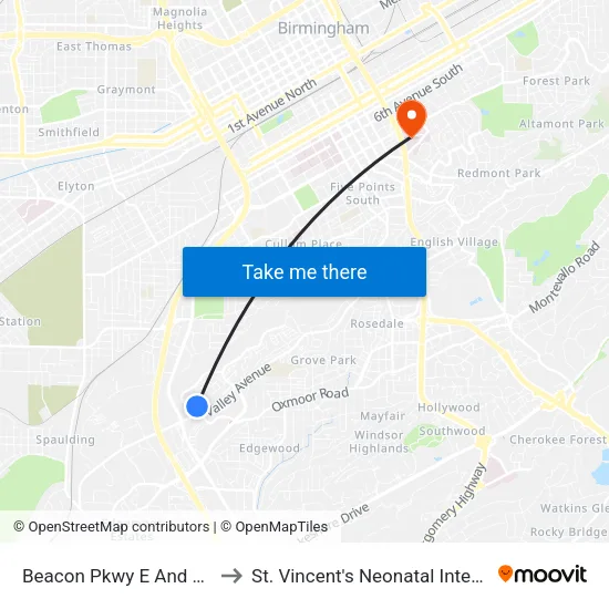 Beacon Pkwy E And 200 Address to St. Vincent's Neonatal Intensive Care Unit map