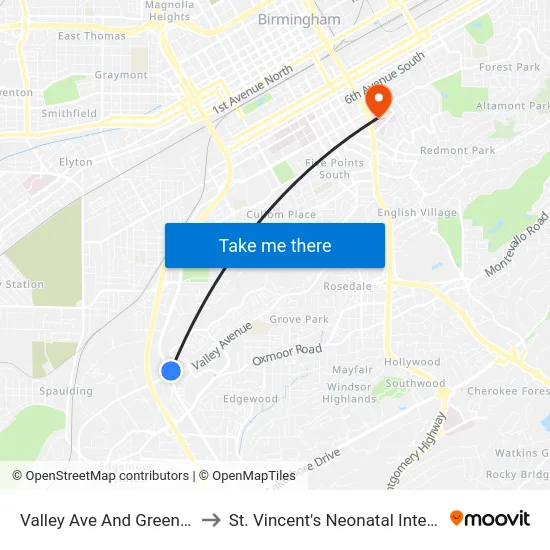 Valley Ave And Greensprings Hwy to St. Vincent's Neonatal Intensive Care Unit map