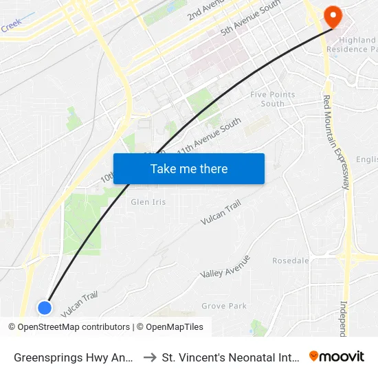 Greensprings Hwy And Goodwill (Ib) to St. Vincent's Neonatal Intensive Care Unit map