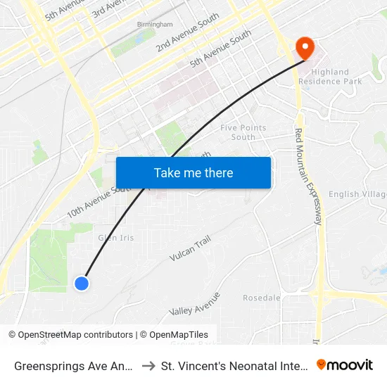 Greensprings Ave And 19th Terr S to St. Vincent's Neonatal Intensive Care Unit map