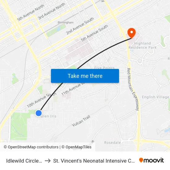 Idlewild Circle (Ib) to St. Vincent's Neonatal Intensive Care Unit map