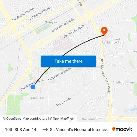 10th St S And 14th Ave S to St. Vincent's Neonatal Intensive Care Unit map