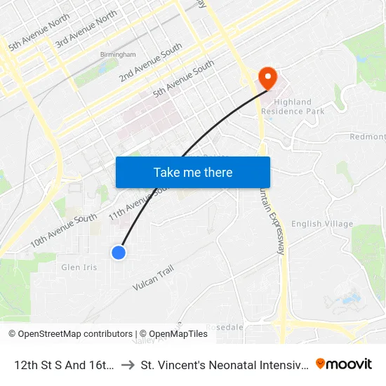 12th St S And 16th Ave S to St. Vincent's Neonatal Intensive Care Unit map