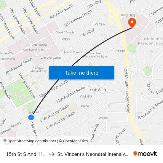 15th St S And 11th Ave to St. Vincent's Neonatal Intensive Care Unit map