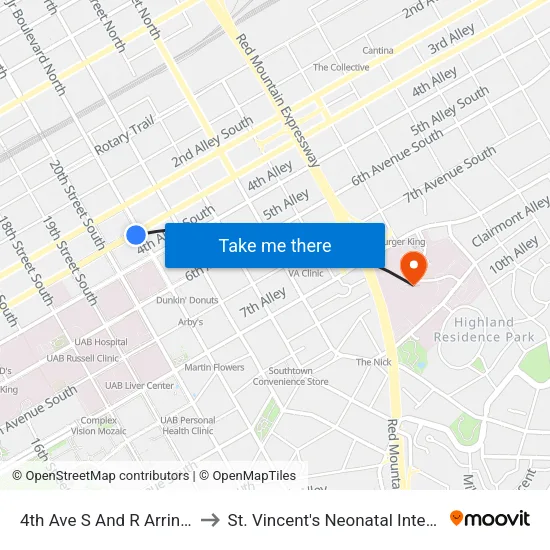 4th Ave S And R Arrington Jr Blvd to St. Vincent's Neonatal Intensive Care Unit map