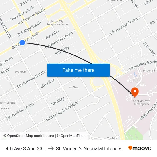 4th Ave S And 23rd St S to St. Vincent's Neonatal Intensive Care Unit map