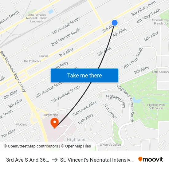 3rd Ave S And 36th St S to St. Vincent's Neonatal Intensive Care Unit map