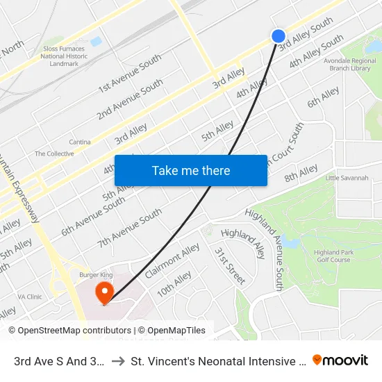 3rd Ave S And 38th St to St. Vincent's Neonatal Intensive Care Unit map