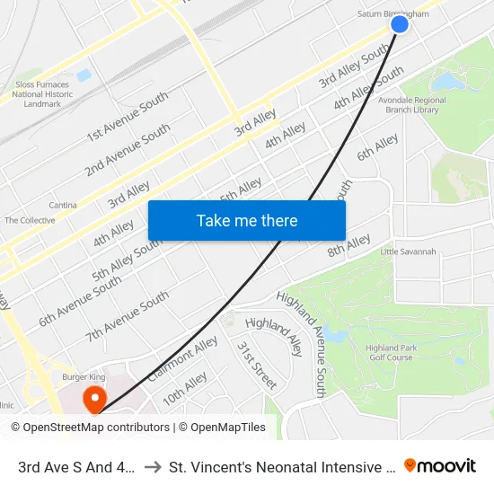 3rd Ave S And 41st St to St. Vincent's Neonatal Intensive Care Unit map