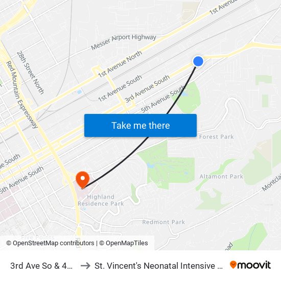 3rd Ave So & 43rd St to St. Vincent's Neonatal Intensive Care Unit map