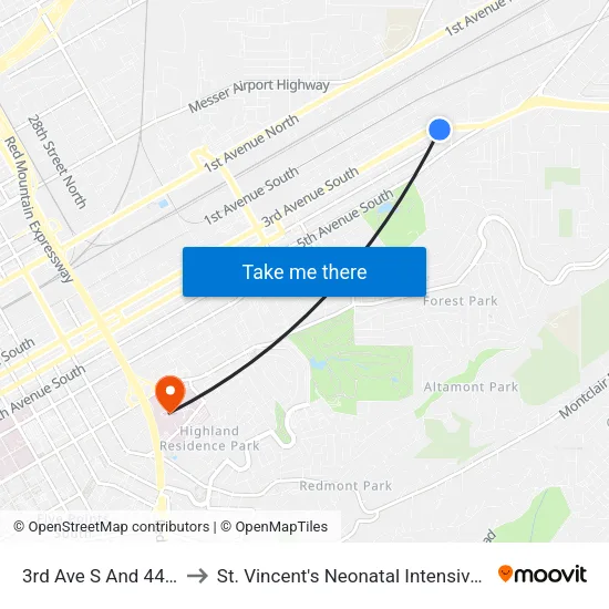 3rd Ave S And 44th St S to St. Vincent's Neonatal Intensive Care Unit map