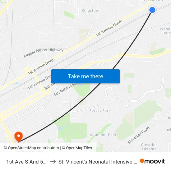 1st Ave S And 55th St to St. Vincent's Neonatal Intensive Care Unit map