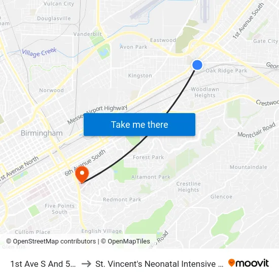1st Ave S And 57th St to St. Vincent's Neonatal Intensive Care Unit map