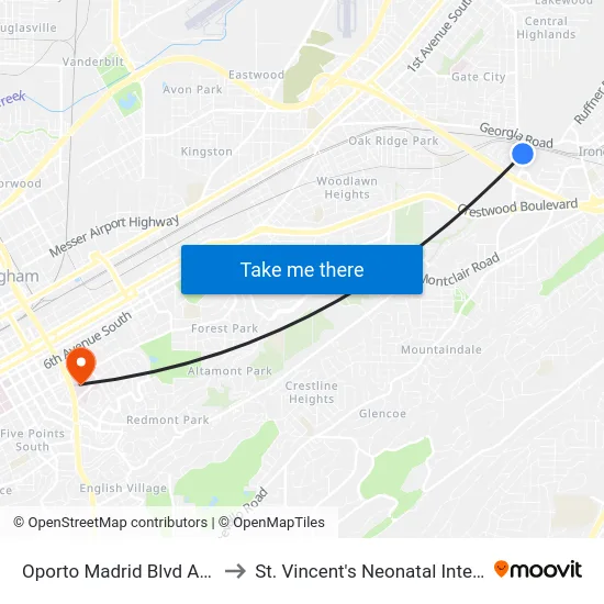 Oporto Madrid Blvd And Sunrise Dr to St. Vincent's Neonatal Intensive Care Unit map