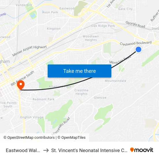 Eastwood Walmart to St. Vincent's Neonatal Intensive Care Unit map