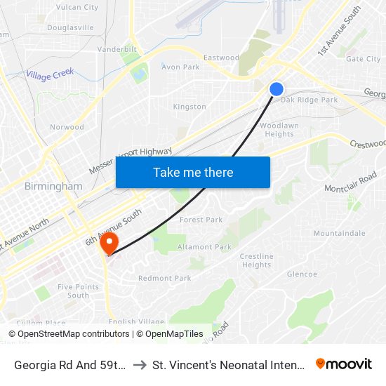 Georgia Rd And 59th St S (Ib) to St. Vincent's Neonatal Intensive Care Unit map