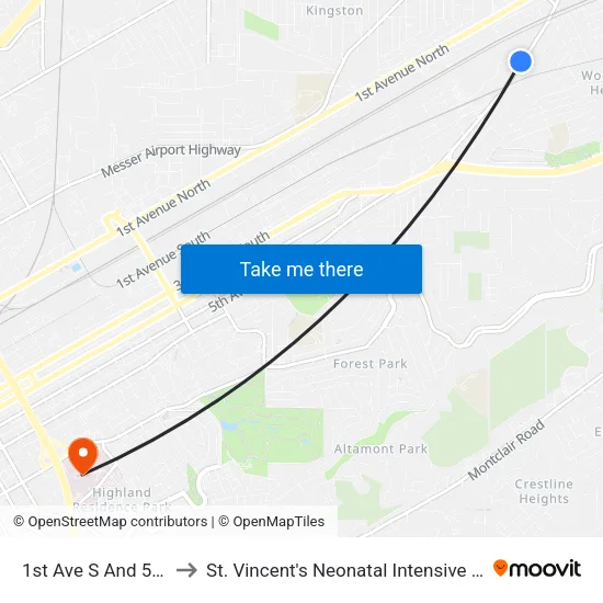 1st Ave S And 53rd St to St. Vincent's Neonatal Intensive Care Unit map