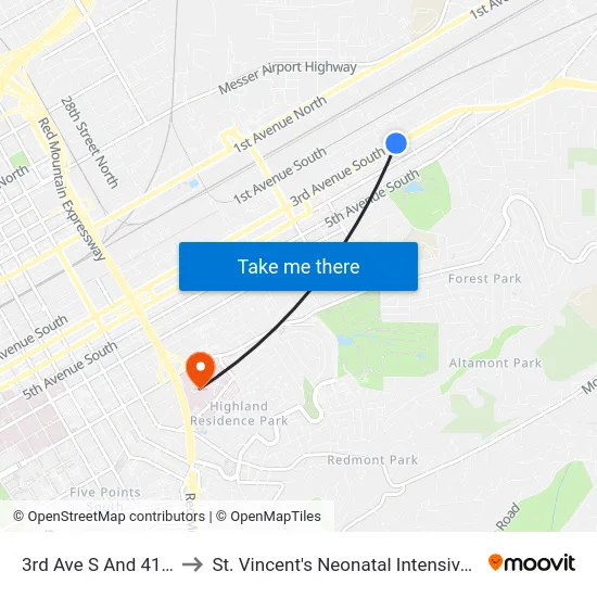 3rd Ave S And 41st St S to St. Vincent's Neonatal Intensive Care Unit map