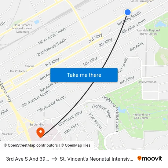 3rd Ave S And 39th St S to St. Vincent's Neonatal Intensive Care Unit map