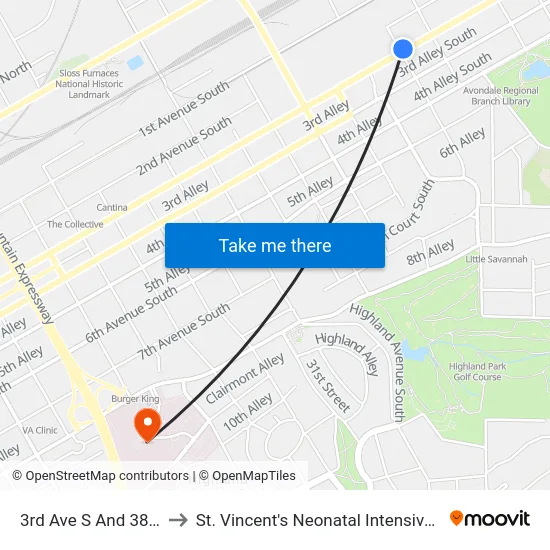 3rd Ave S And 38th St S to St. Vincent's Neonatal Intensive Care Unit map