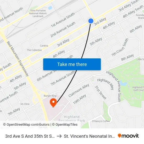 3rd Ave S And 35th St S (Career Center) to St. Vincent's Neonatal Intensive Care Unit map