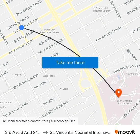 3rd Ave S And 24th St S to St. Vincent's Neonatal Intensive Care Unit map