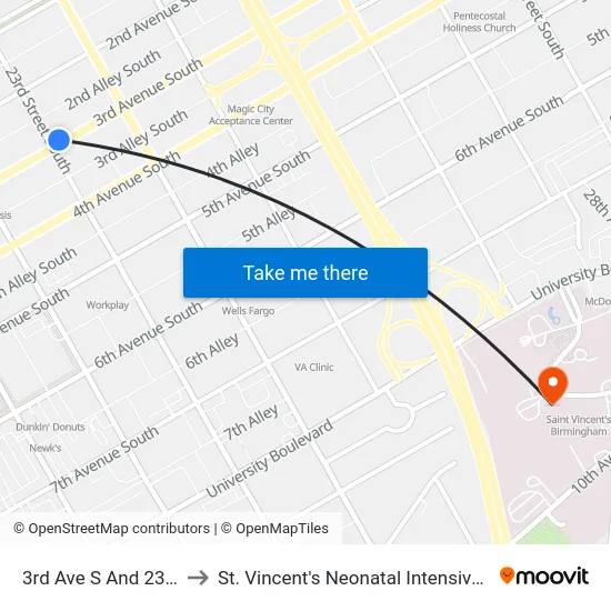 3rd Ave S And 23rd St S to St. Vincent's Neonatal Intensive Care Unit map