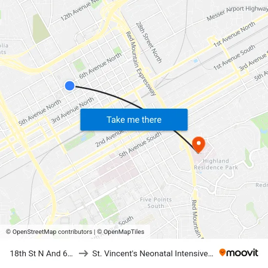 18th St N And 6th Ave to St. Vincent's Neonatal Intensive Care Unit map