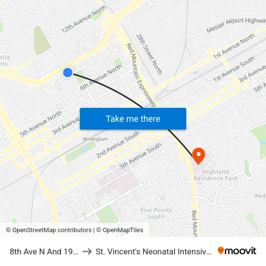 8th Ave N And 19th St N to St. Vincent's Neonatal Intensive Care Unit map