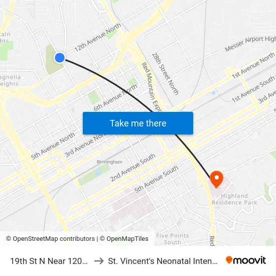 19th St N Near 1201 Address to St. Vincent's Neonatal Intensive Care Unit map