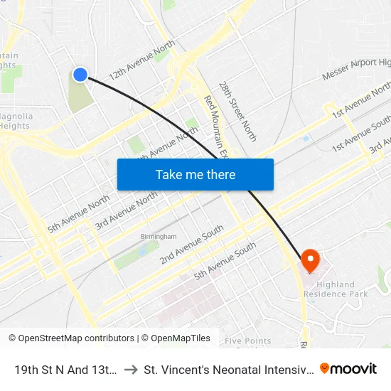 19th St N And 13th Ave N to St. Vincent's Neonatal Intensive Care Unit map