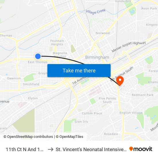 11th Ct N And 1st St W to St. Vincent's Neonatal Intensive Care Unit map