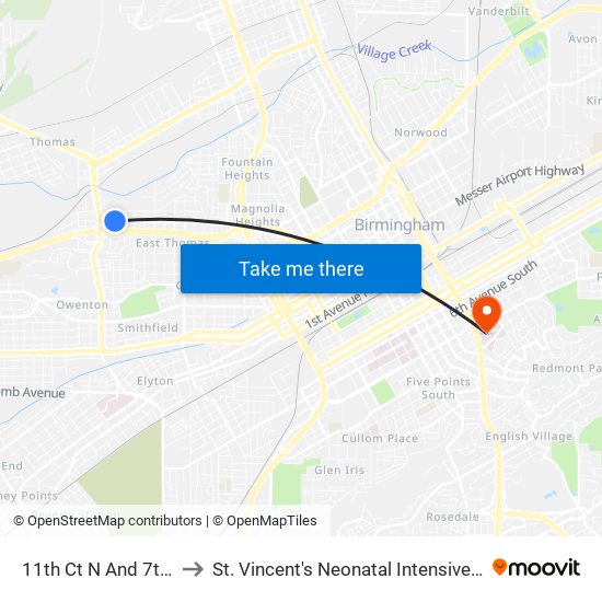 11th Ct N And 7th St W to St. Vincent's Neonatal Intensive Care Unit map