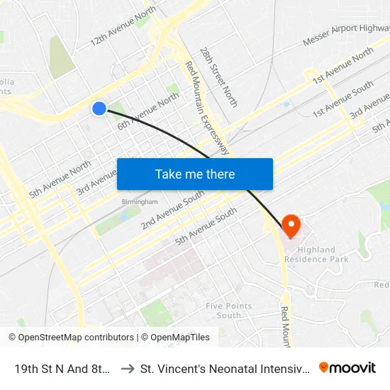 19th St N And 8th Ave N to St. Vincent's Neonatal Intensive Care Unit map