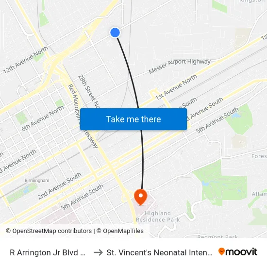 R Arrington Jr Blvd & 34th St N to St. Vincent's Neonatal Intensive Care Unit map