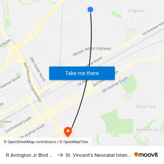 R Arrington Jr Blvd & 39th St N to St. Vincent's Neonatal Intensive Care Unit map