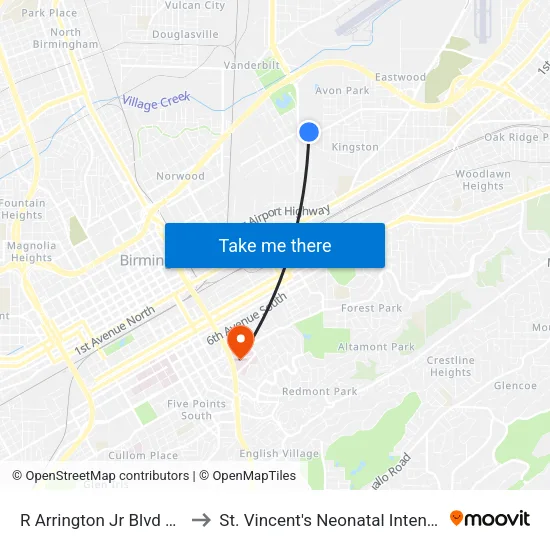 R Arrington Jr Blvd & 41st St N to St. Vincent's Neonatal Intensive Care Unit map