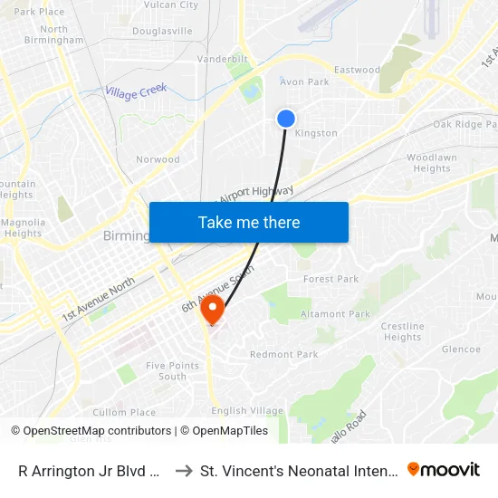 R Arrington Jr Blvd & 42nd Pl N to St. Vincent's Neonatal Intensive Care Unit map