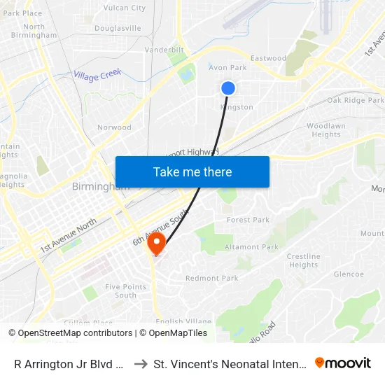 R Arrington Jr Blvd & 44th Pl N to St. Vincent's Neonatal Intensive Care Unit map