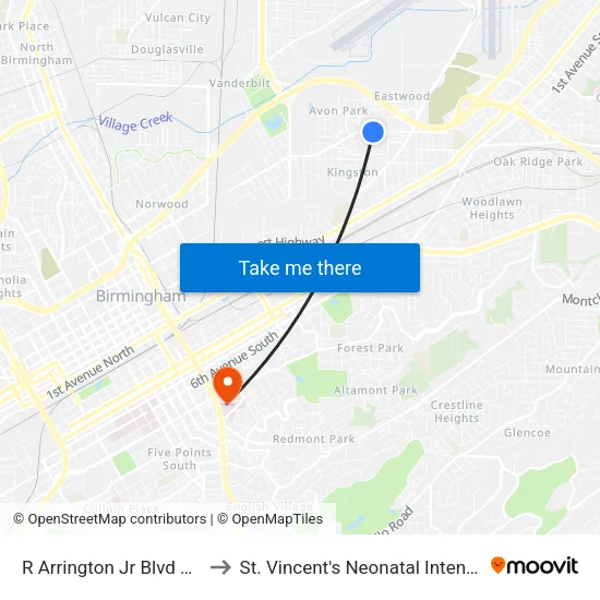 R Arrington Jr Blvd & 47th St N to St. Vincent's Neonatal Intensive Care Unit map