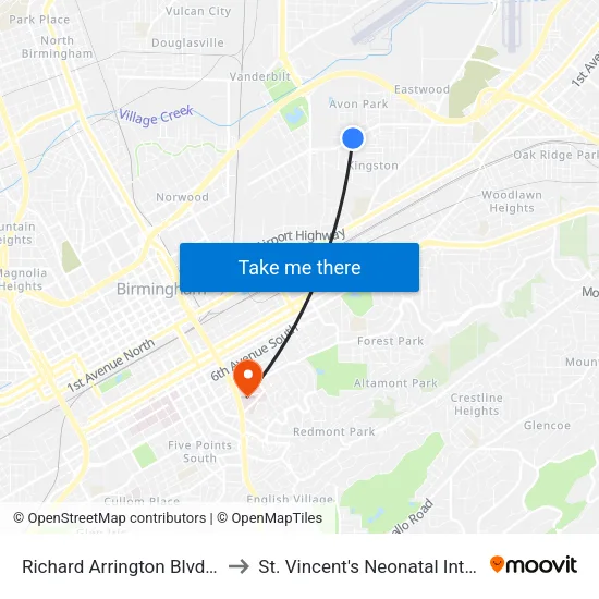 Richard Arrington Blvd And 44th St N to St. Vincent's Neonatal Intensive Care Unit map