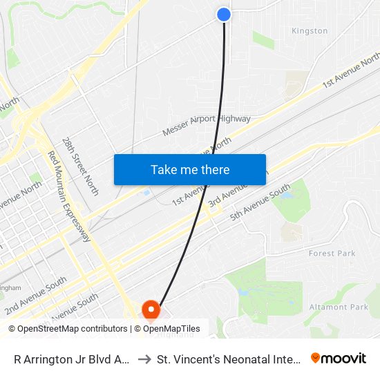 R Arrington Jr Blvd And Coosa St to St. Vincent's Neonatal Intensive Care Unit map