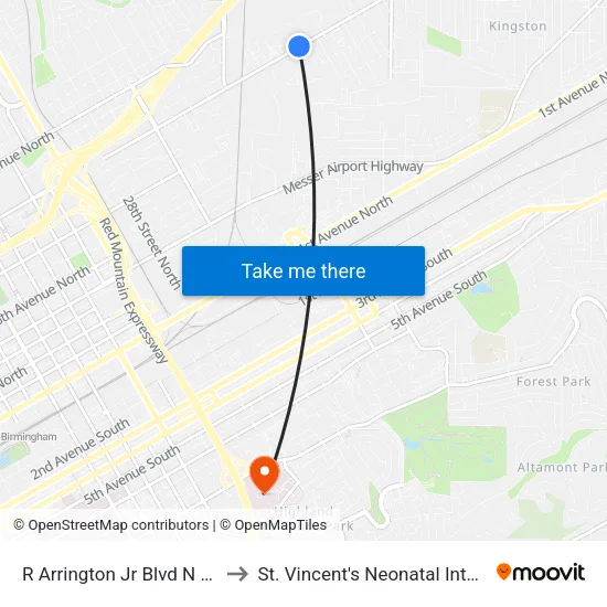 R Arrington Jr Blvd N And 36th Way to St. Vincent's Neonatal Intensive Care Unit map