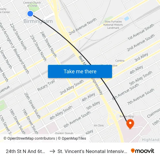 24th St N And 6th Ave N to St. Vincent's Neonatal Intensive Care Unit map